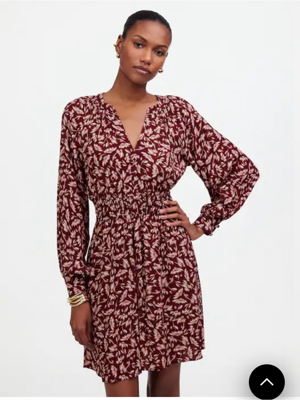 Women's smocked y-neck mini dress in Burgundy Floral
